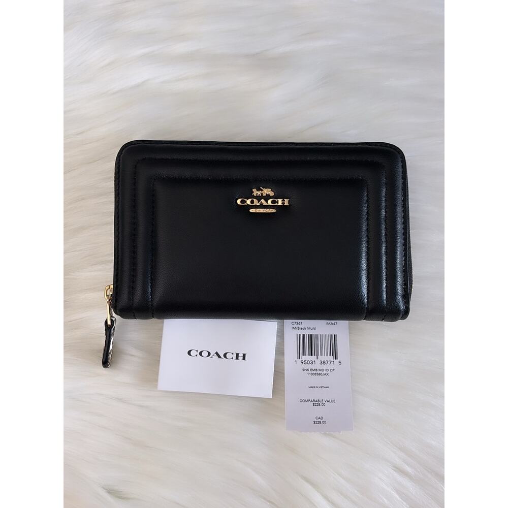 Coach Black Leather Quilted Zip-Around Wallet with Gold Logo - Picture 5 of 5
